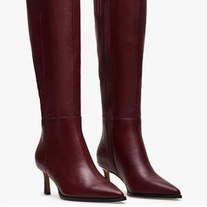Burgandy Pointed toe Knee High Boots with Kitten Heel